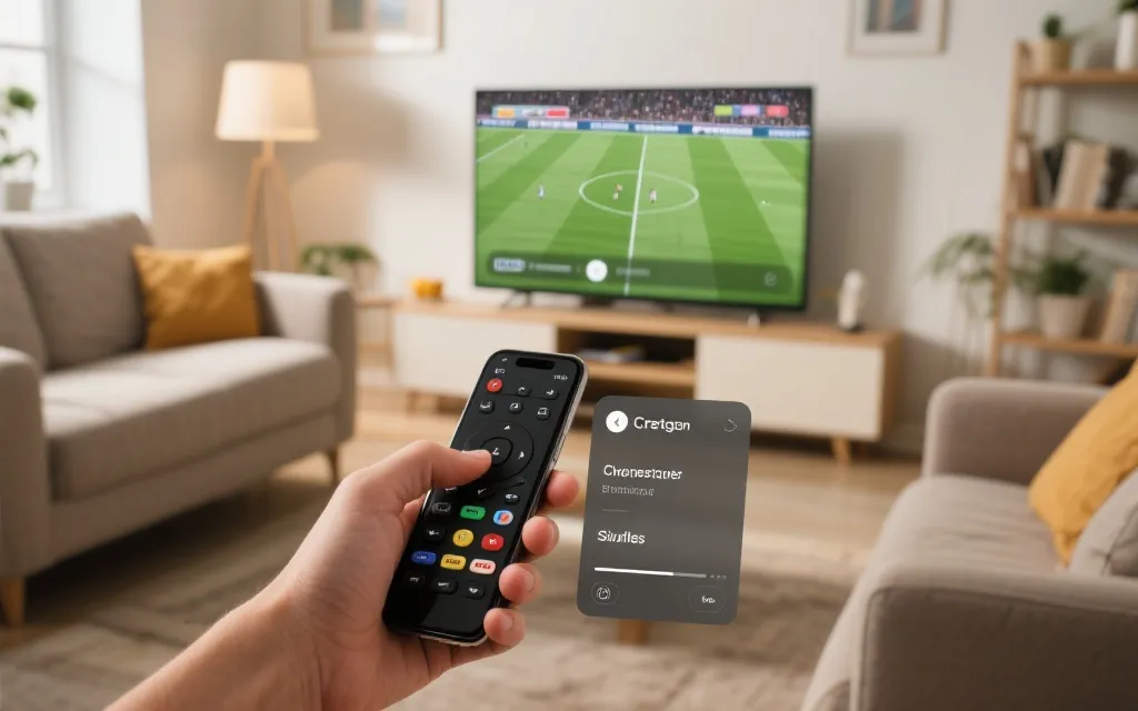 客厅电视显示投屏画面，手机作为遥控器切换字幕与解说